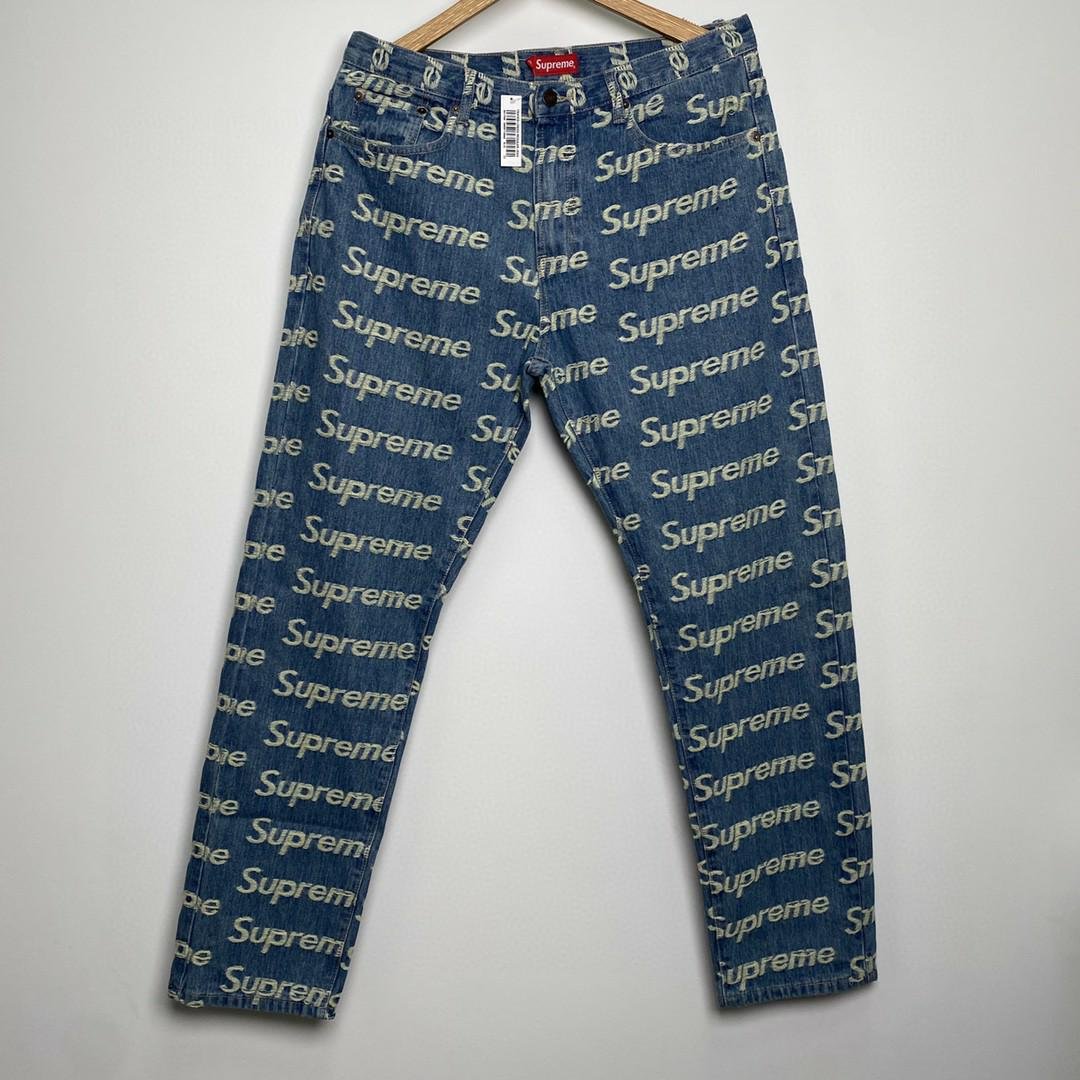 Sup彈幕LOGO牛仔褲21SS Frayed Logos Regular Jean 破壞logo牛仔褲