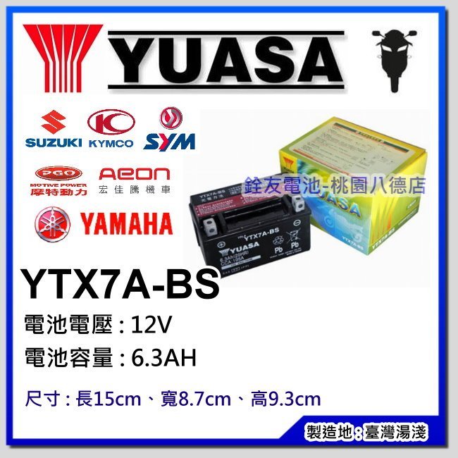 ☆銓友電池☆桃園電池☆實體店面 YUASA YTX7A-BS 7號機車電池 三陽/ 光陽/山葉125cc 電池