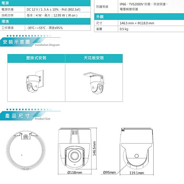 昌運監視器 DJS-2SIP500I 500萬 全彩警報紅外線網路快速球攝影機 內建麥克風 POE