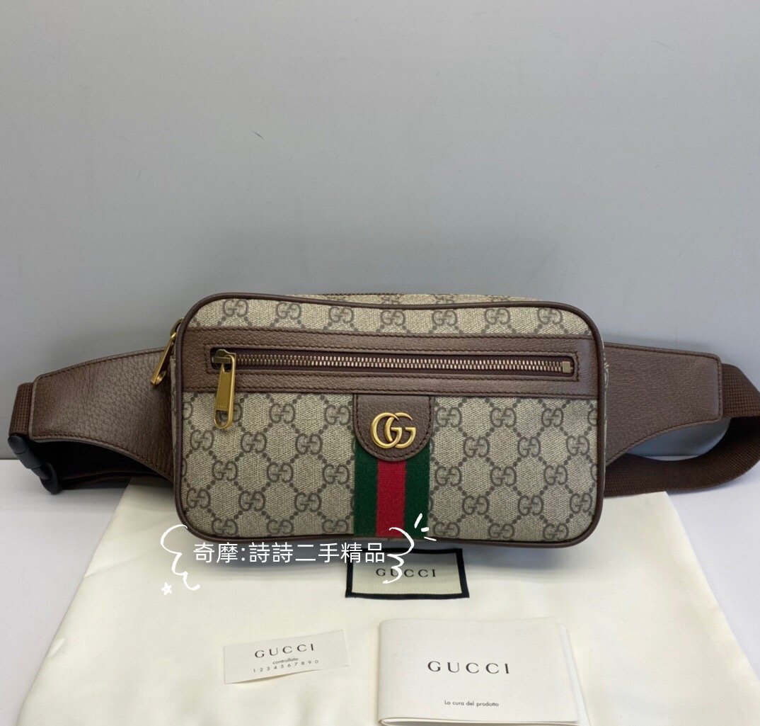 二手正品 Gucci 古馳 復古腰包胸口包腰包OphidiaGGbeltbag綠紅綠防水布 574796 現貨