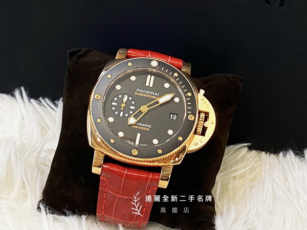 高雄店 遠麗全新二手名牌館~K6056 Panerai 750玫瑰金黑錶面紅鱷魚皮錶帶自動上鍊Sumersible