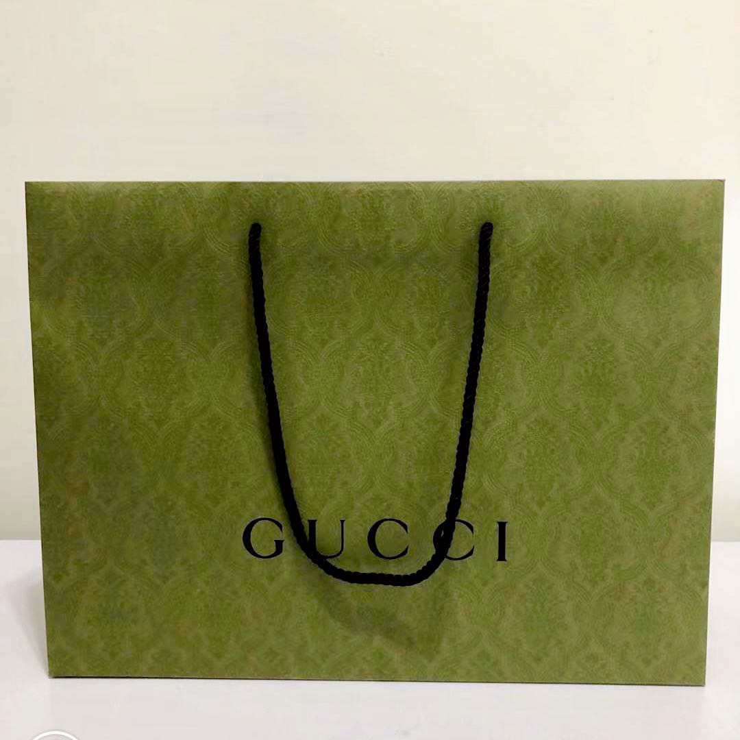 GUCCI 全新高質感草綠色墨綠色滿版浮雕印花圖騰硬挺紙袋包購物包提袋揹