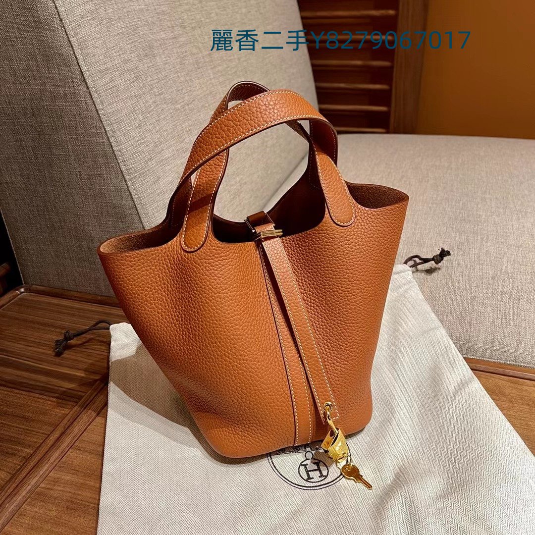 麗香二手 HERMES 愛馬仕 Picotin Lock Mini 18cm 金扣 TC皮革 金棕色 手提包 菜籃包