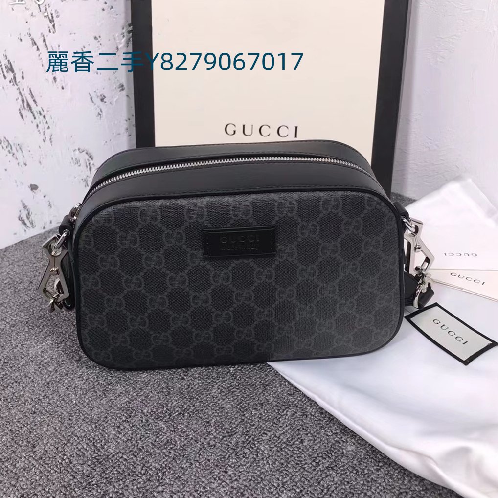 麗香二手 GUCCI 古馳 GG Supreme帆布老花黑色斜挎包 肩背包 相機包 男款 574886 現貨