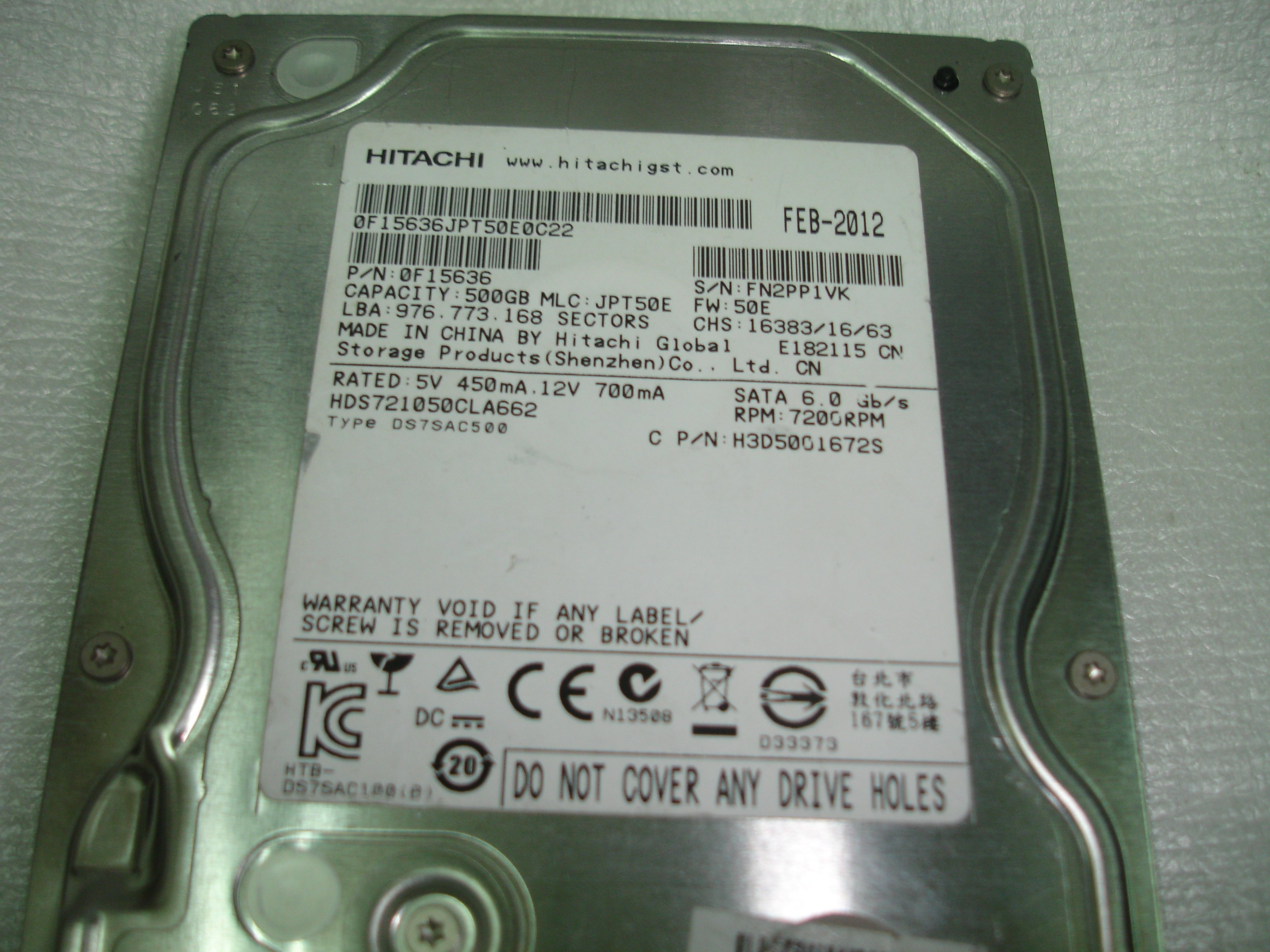 電腦零件補給站】Hitachi HDS721050CLA660 500GB 7200 RPM SATA 3.5吋