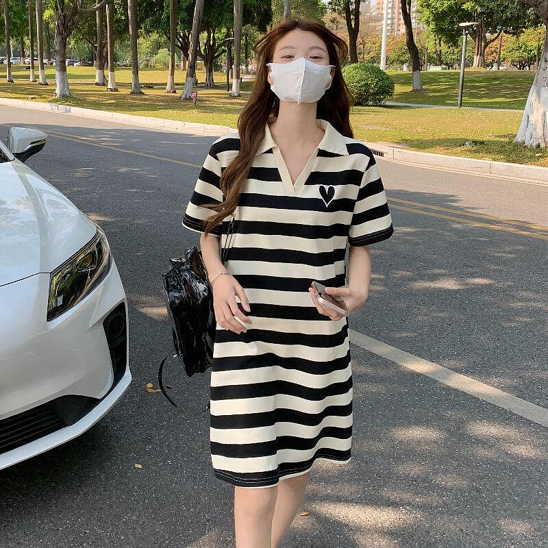 連衣裙洋裝連身裙女裝女生服飾女裙子POLO領條紋連衣裙時尚夏裝新款氣質減齡設計感寬鬆顯瘦T恤《AK11469》《購物趣》