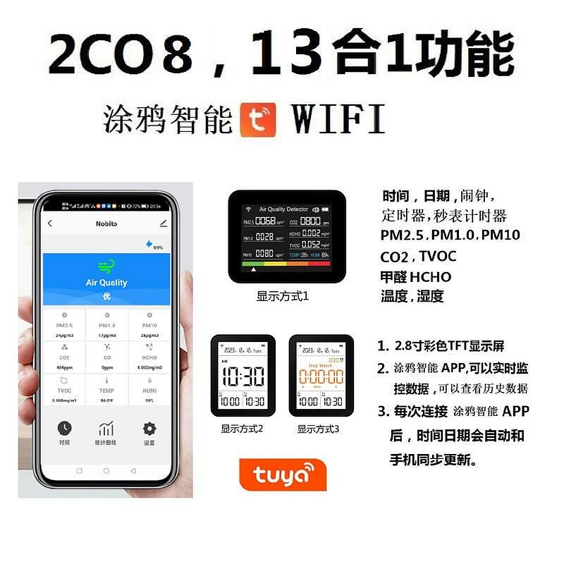 【現貨】13合1塗鴉智能APP WIFI 空氣品質檢測儀CO2,PM2.5 TVOC