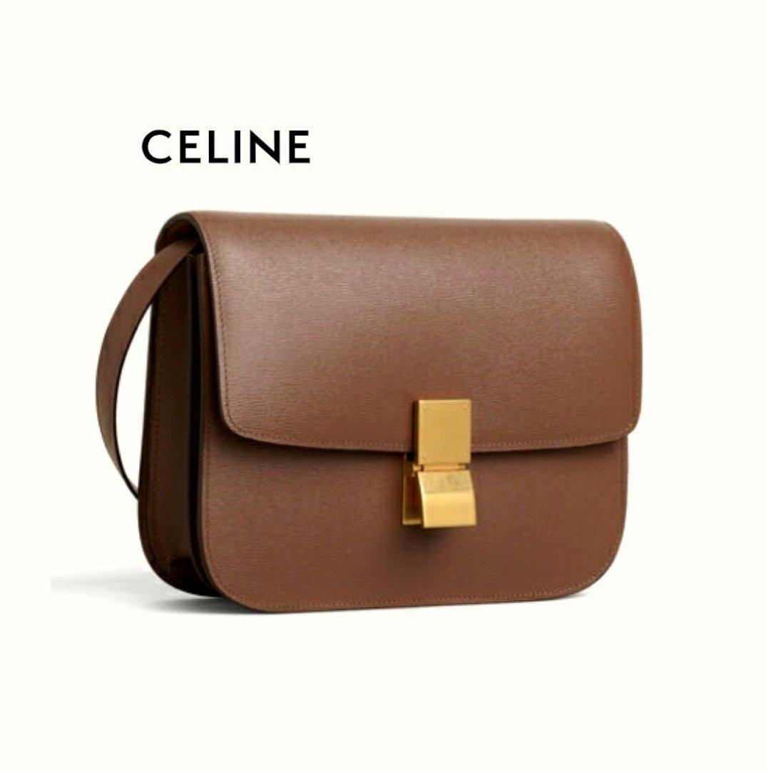 CELINE ►經典款 CLASSIC Box bag 軟木紋水波紋 （ 堅果棕色×金屬金色 ） 防刮 真皮 肩背包 斜背包  手拿包｜100%全新正品｜特價