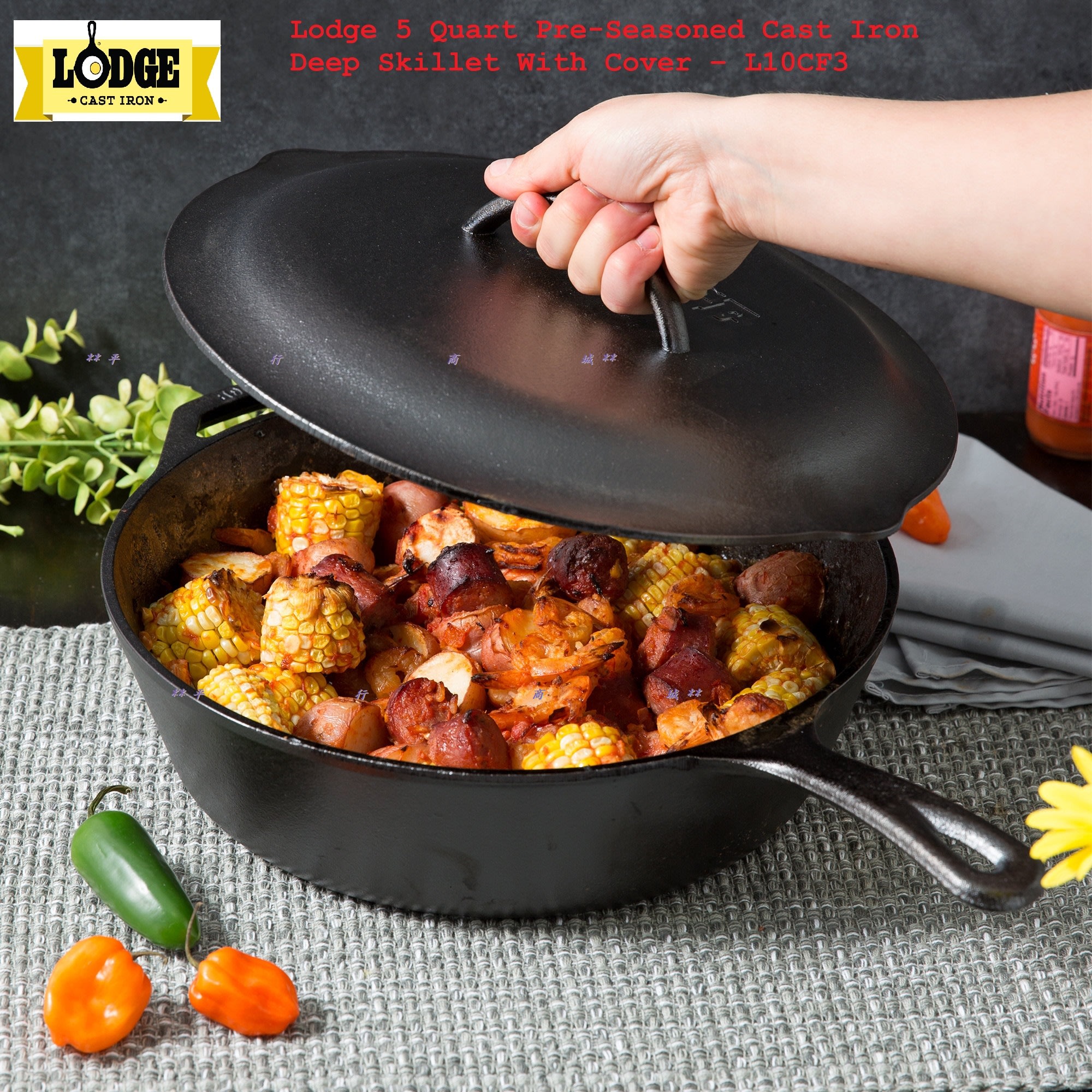 Lodge L10CF3 5 Qt. Pre-Seasoned Cast Iron Deep Skillet with Cover