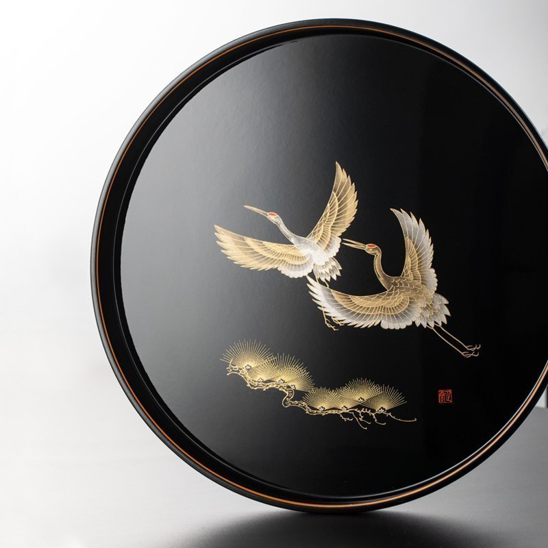 現貨熱銷 廠商直銷 同合日本進口山家漆器雙鶴雙飛圓形漆盤金箔手繪