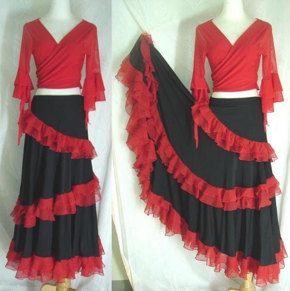 鴨米衣舖紅邊紗黑色佛朗明哥舞裙層次裙襬奶絲裙腰圍25-30吋(不含舞衣)