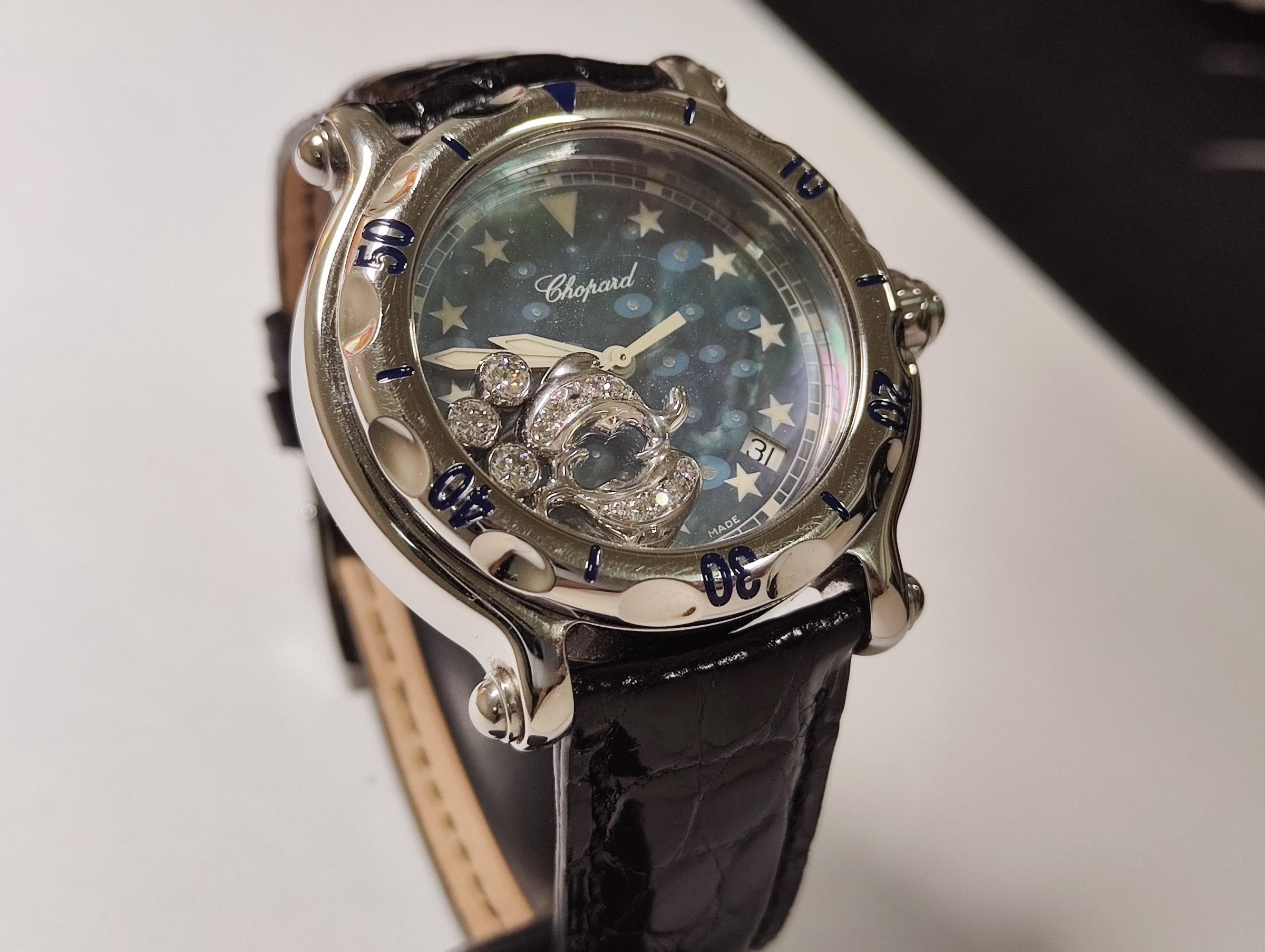 【低調的奢華】蕭邦 CHOPARD 快樂鑽 藍色貝殼面盤 錶徑38mm 石英機芯 快樂魚~原廠保單 國內AD