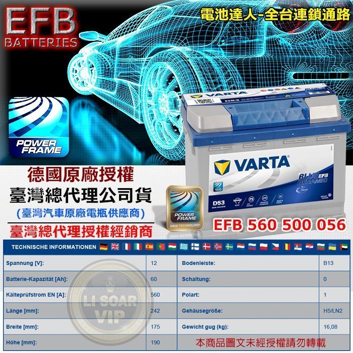 ✚中和電池✚舊換新優惠價 德國華達 原廠電瓶 VARTA D53 EFB 電池 福斯 GOLF VENTO PASSAT