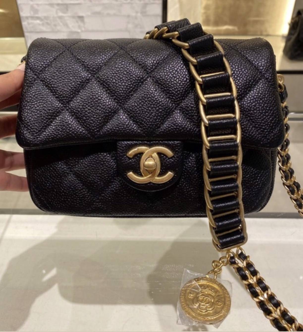 【COCO 精品專賣】Chanel 新款 黑色 荔枝皮 MINI 18cm 方胖子 金幣 鍊帶包 AS2482 現貨