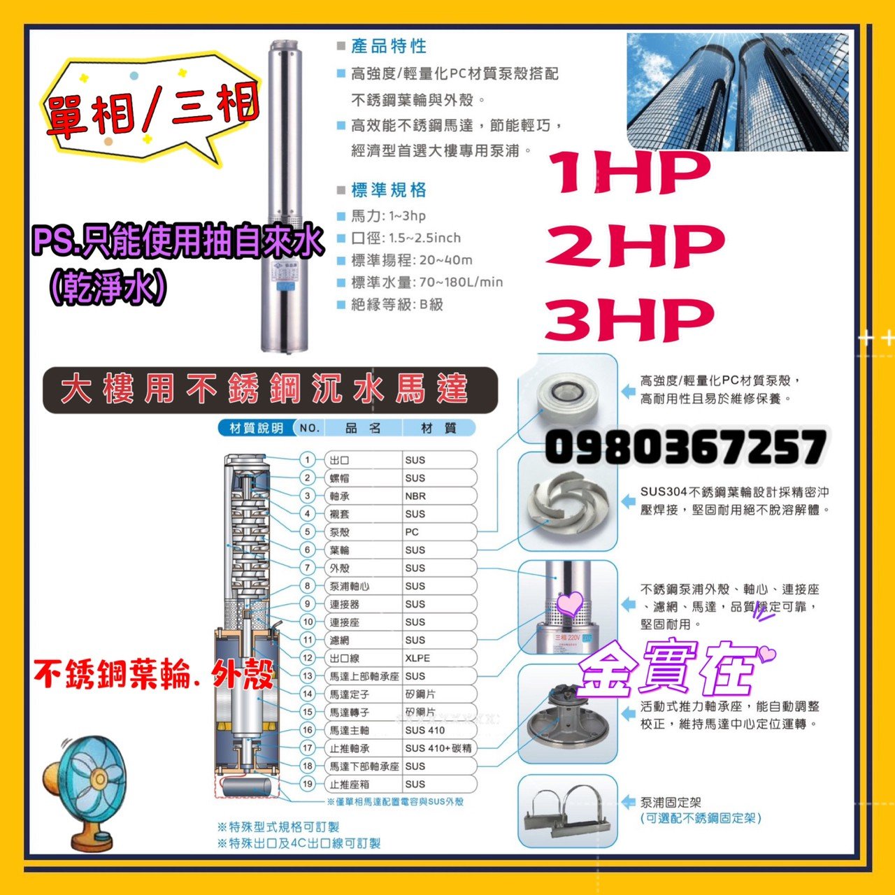 1HP 2HP 3HP 單相 三相 不銹鋼沉水式大樓專用清水揚水泵浦抽水馬達  清水揚水泵浦 白鐵 揚水馬達  抽水馬達