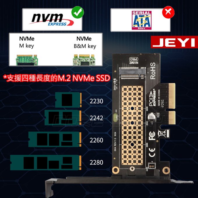 ☆酷銳科技☆JEYI 佳翼NGFF M2 M.2 SSD轉PCI-E Gen3 NVMe擴充卡/轉接卡