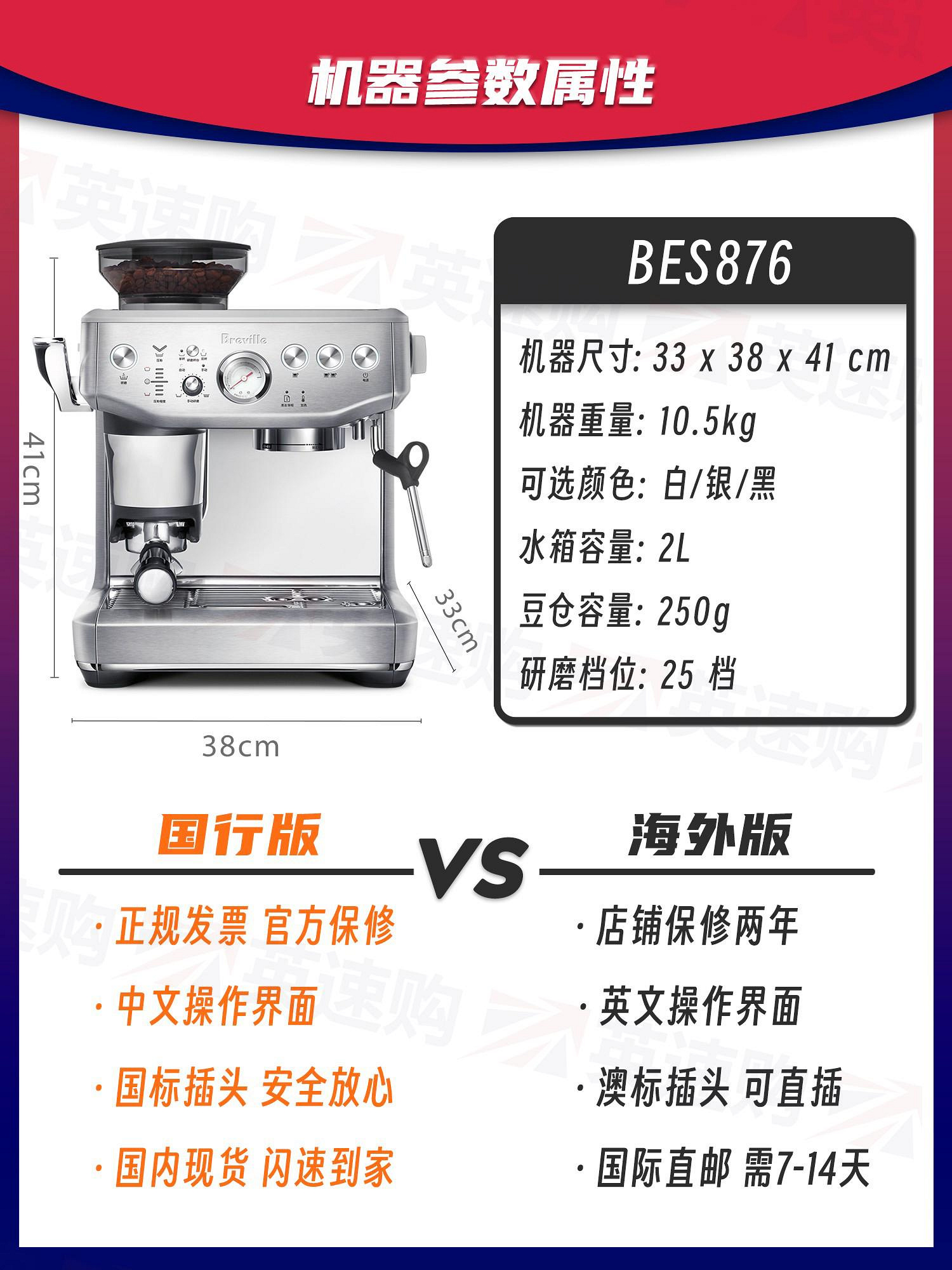 國行正品Breville/鉑富BES876家用小型意式半自動咖啡機878海鹽白