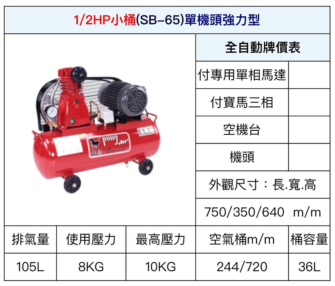 ~金光興修繕屋~[SB-65] 寶馬牌 皮帶式 空壓機 1/2HP 小桶 單機頭強力型 寶馬 空氣壓縮機 木工 噴漆