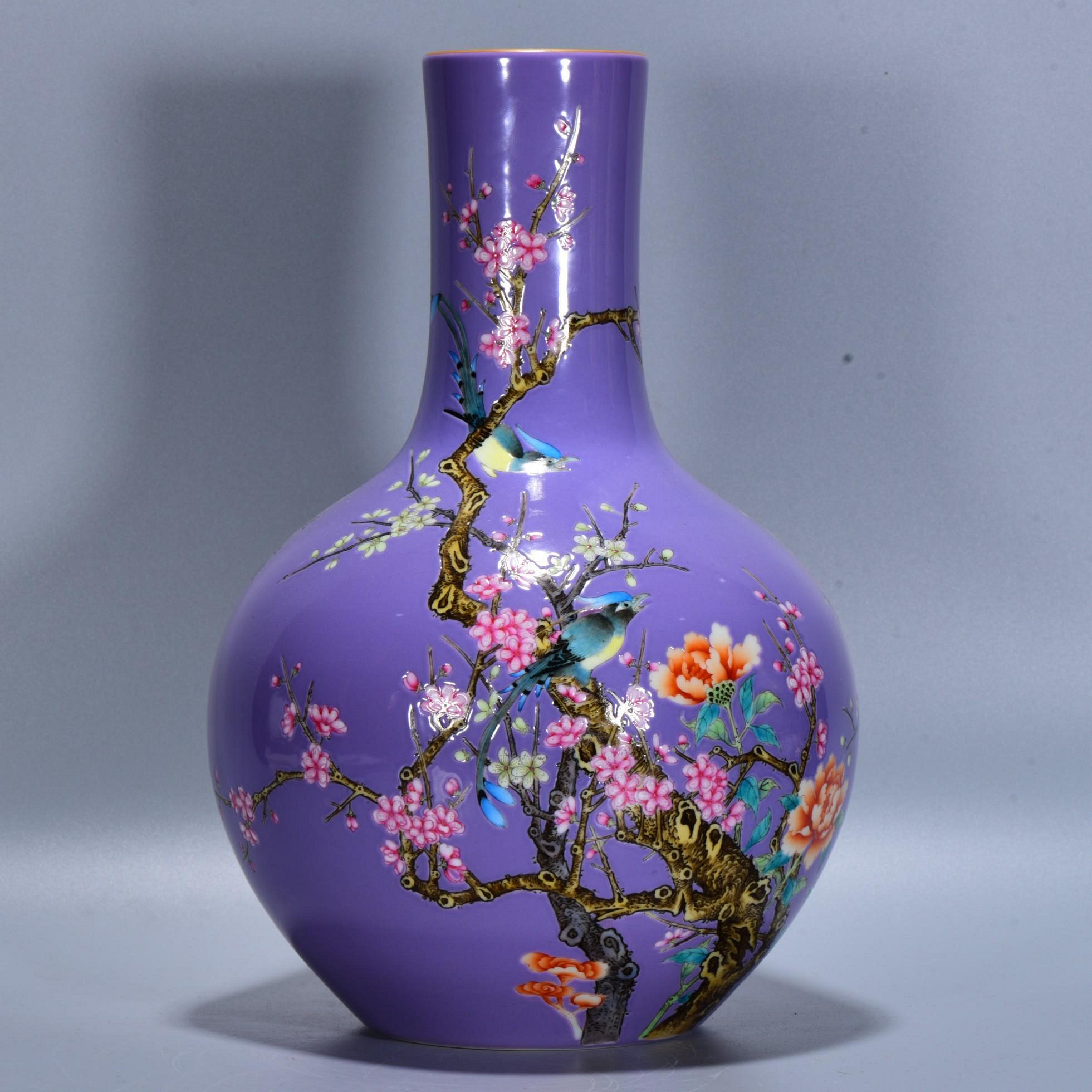 中國古瓷清雍正年紫羅蘭釉粉彩花鳥紋天球瓶34*22m30000RT-1696 | Yahoo 