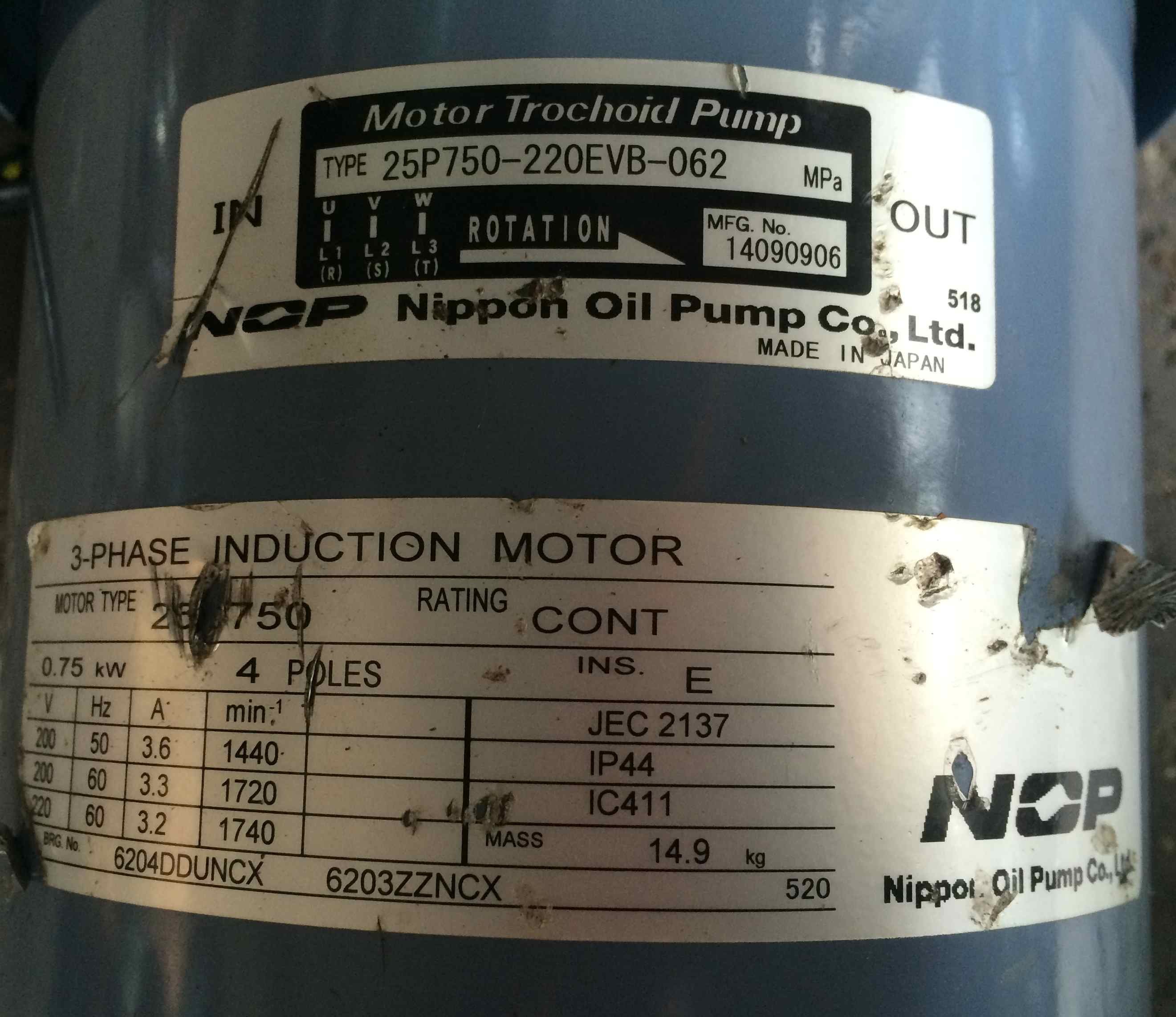 日本NOP抽油幫浦25P750-220EVB-062 MOTOR TROCHOID PUMP 220V 口徑:1英