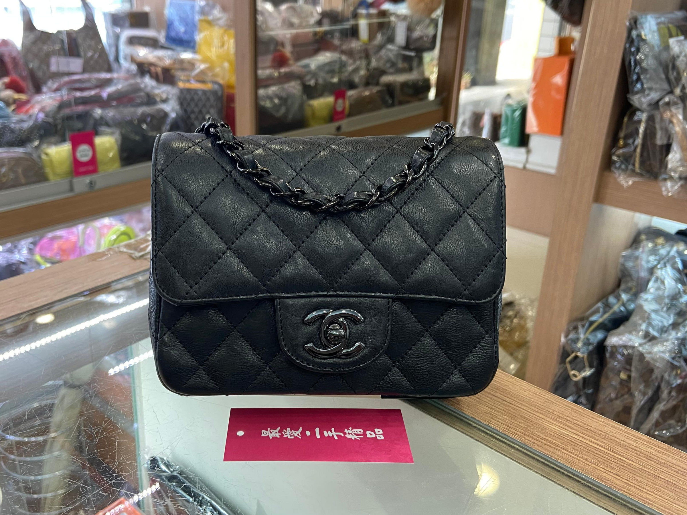 ☆最愛二手精品☆ CHANEL MINI COCO 17cm 香奈兒黑色牛皮黑鍊釦式翻蓋口蓋包肩背斜背包 A35200 方胖子 XG5759 so black