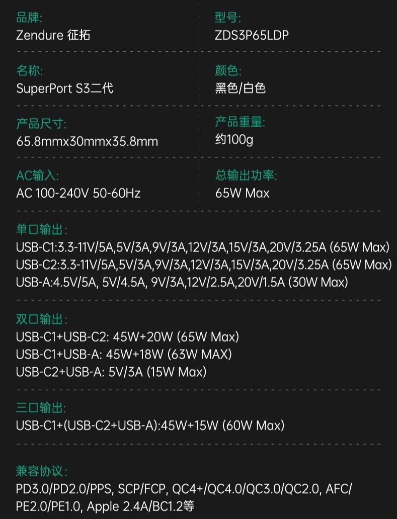 當天發貨二代Zendure征拓SuperPort S3 Pro三孔2C1A 65W 氮化鎵GaN