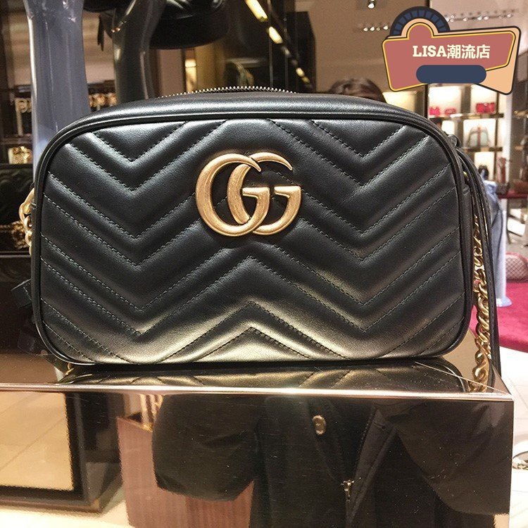 LISA二手  Gucci 古馳 GG Marmont Camera 中型 黑色 相機包 24CM