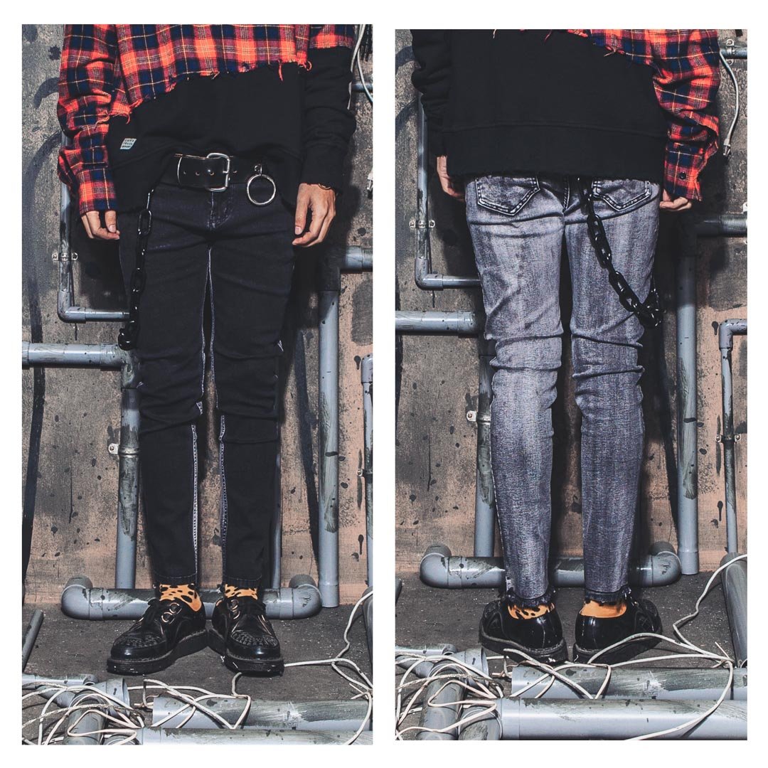 美國東村【SLIGHTLY NUMB】LOT.1440-8 SKINNY PANTS 前後拼接黑灰彈性