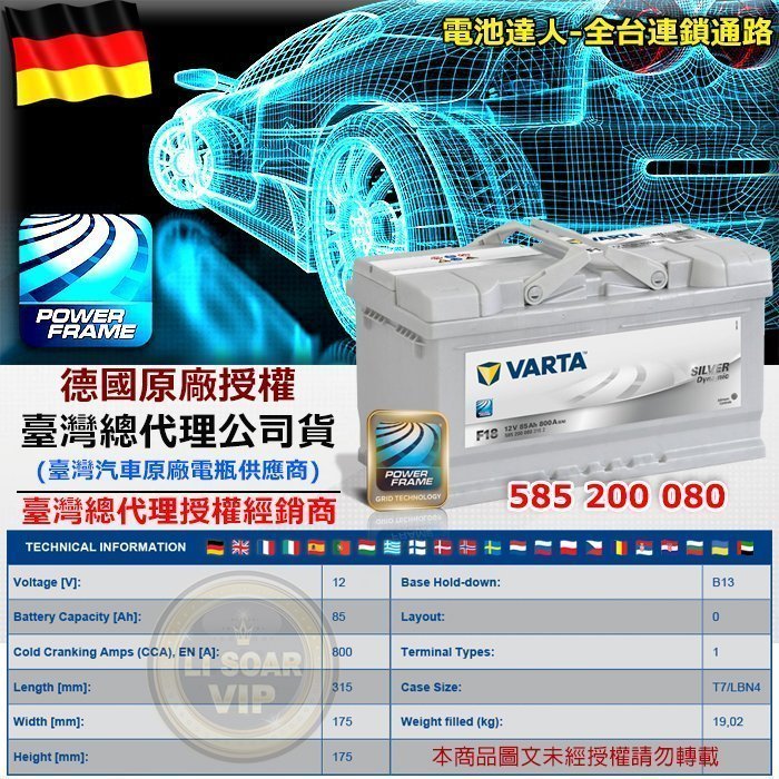 ✚中和電池✚ F18 德國第一 華達電瓶 VARTA 汽車電池 12V85AH 58514 BENZ C200 C300