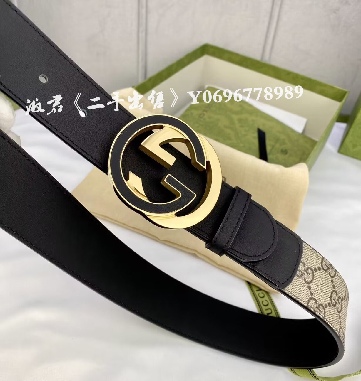 二手出售 GUCCI 古馳 帆布皮帶金典拼色雙logo雙面皮帶 4CM