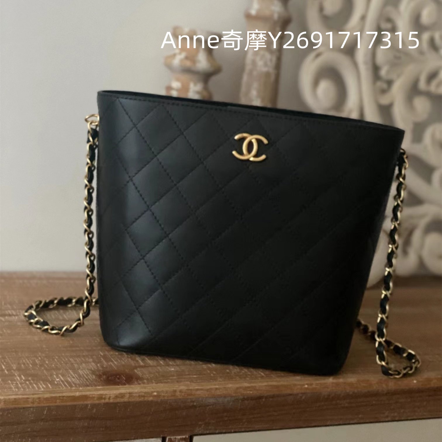 二手正品 Chanel 香奈兒 黑色羊皮 水桶包 子母包 肩背包 斜挎包 AS6118