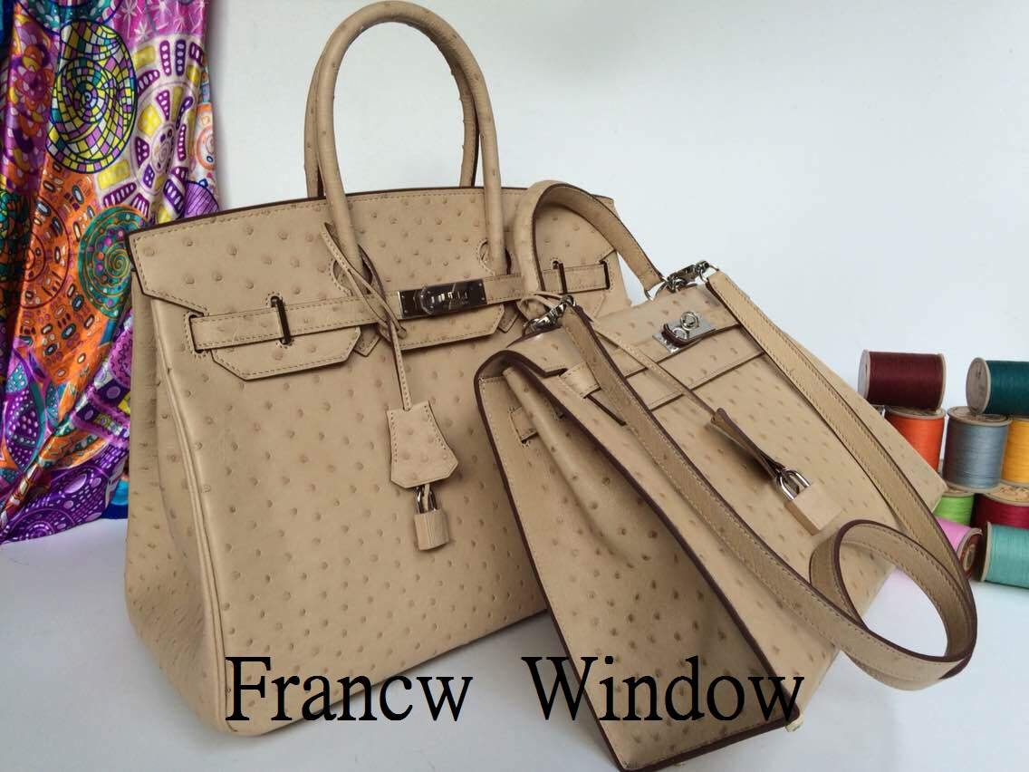 France Window 愛瑪士 凱莉包Hermes Kelly 米色 銀扣 鴕鳥皮 32CM