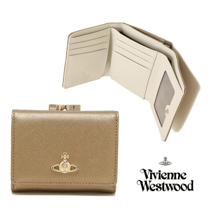 Vivienne Westwood (裸金色×米白色) 真皮防刮壓紋三摺短夾皮夾錢包