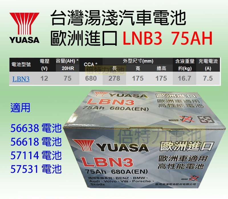 湯淺 YUASA  LBN3 (56638.57114適用) 歐規 12V 75Ah 免保養電池