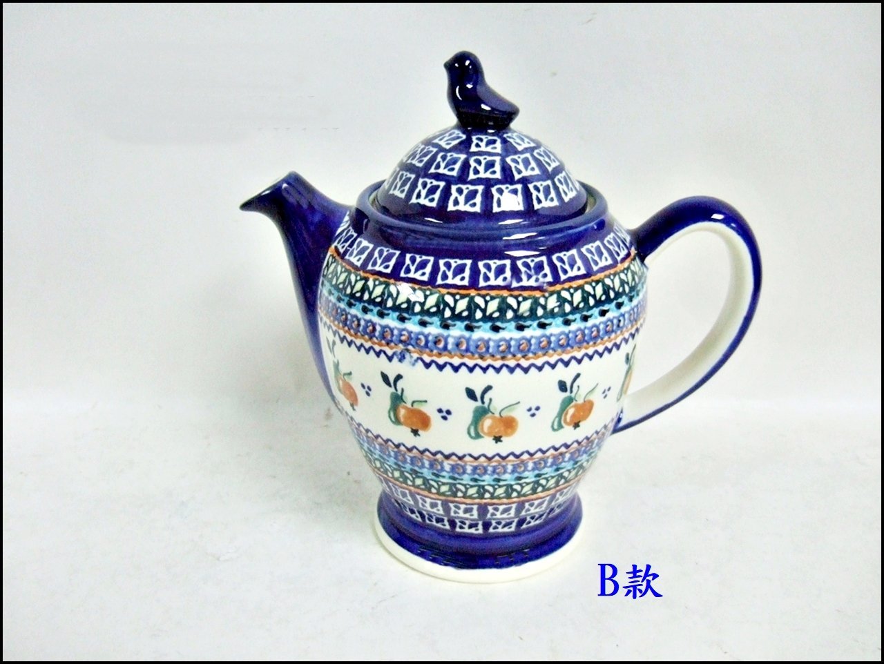 波蘭陶系列純手工彩繪小花蝴蝶花茶壺水壺1.2公升青花瓷藍色小鳥造型壺 