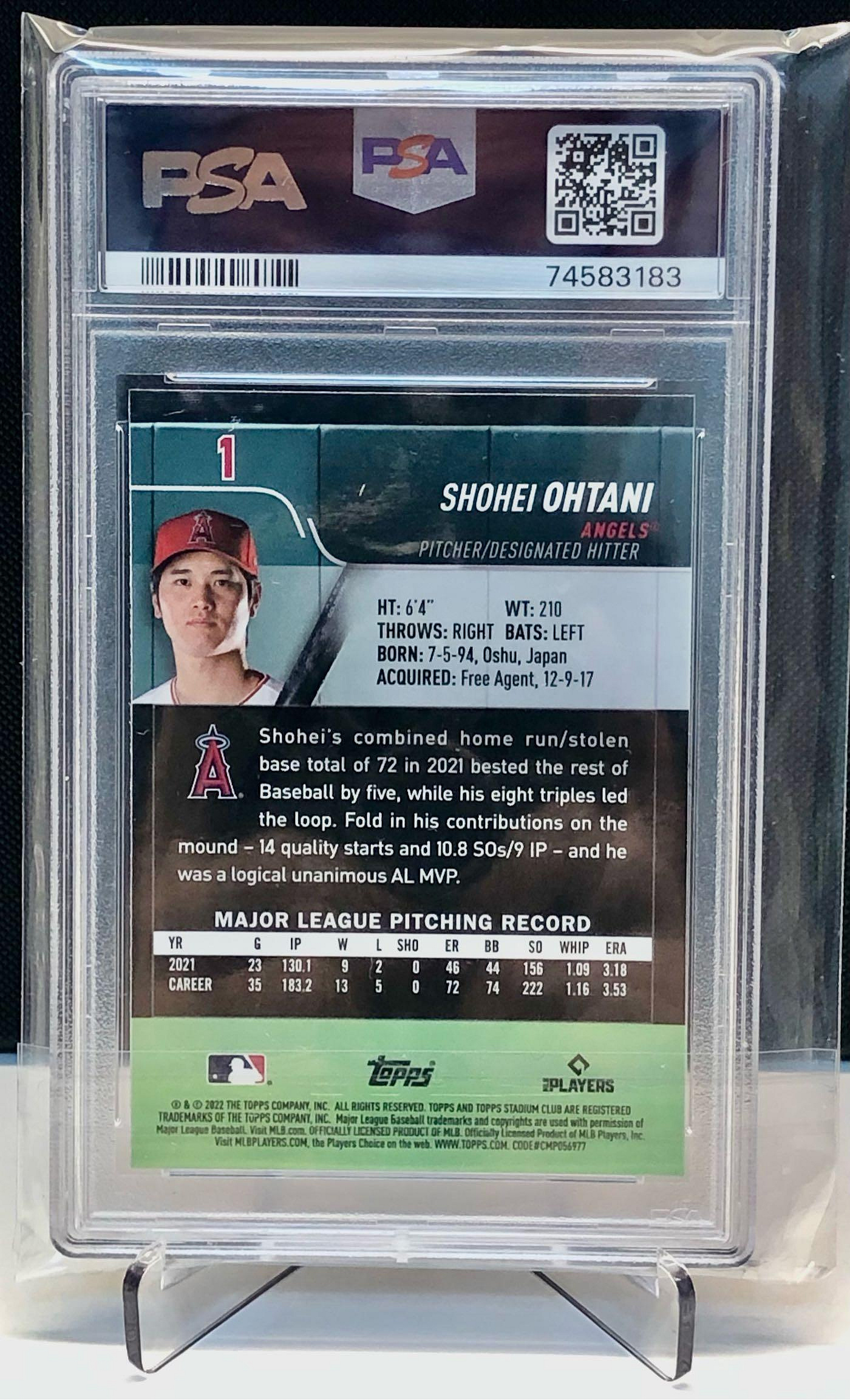 大谷翔平霸氣投球姿勢亮面PSA 10 鑑定卡，2022 Stadium Club Chrome