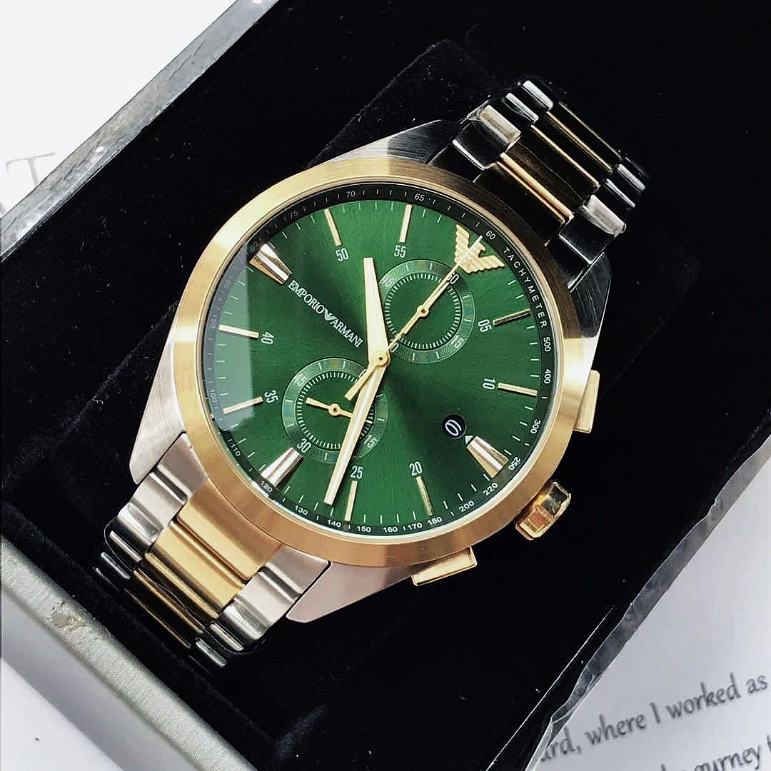 EMPORIO ARMANI Claudio Yahoo奇摩拍賣 | 綠色面錶盤金色配銀色不鏽鋼錶帶石英雙眼計時男士手錶AR11511
