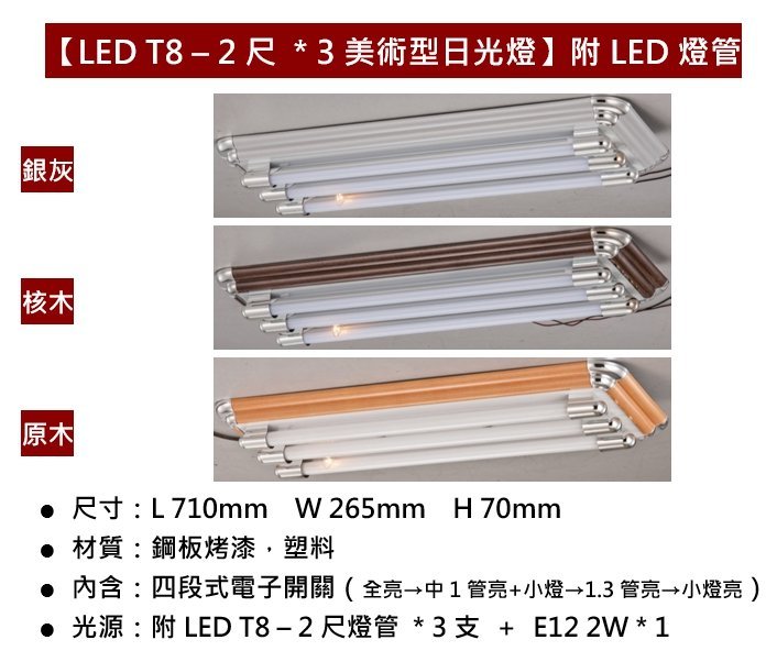 綠照明【LED T8美術型日光燈】2尺3管 附分段開關 附小夜燈 銀灰 核桃木 原木 LED T8燈管 T8燈座 三管