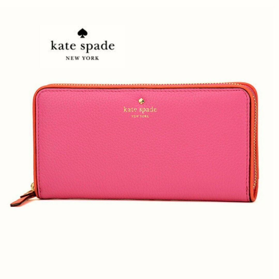 KATE SPADE ► ( 桃紅色×熱帶橘色×金屬淡金色 ) 真皮 拉鍊長夾 錢包 皮夾｜100%全新正品｜特價!