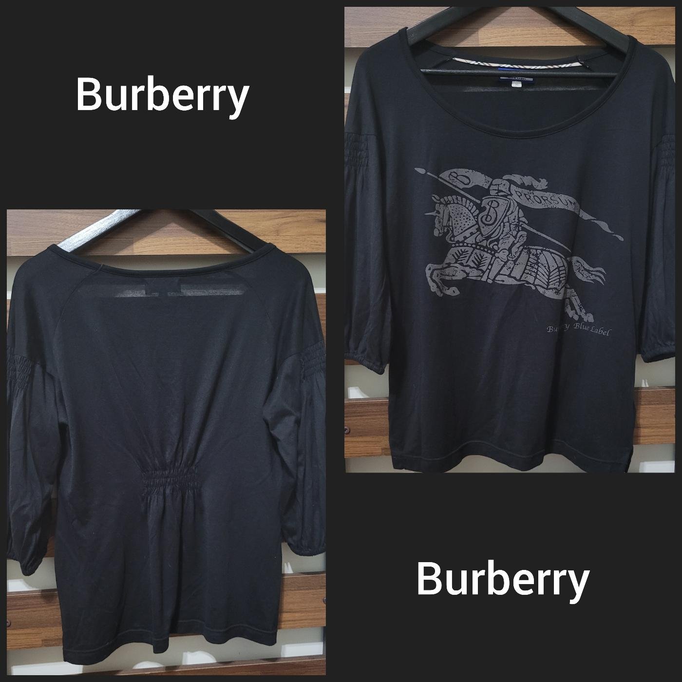 日系Burberry 藍標黑色大LOGO船領5分袖休閒寬鬆款，38號（S~小L