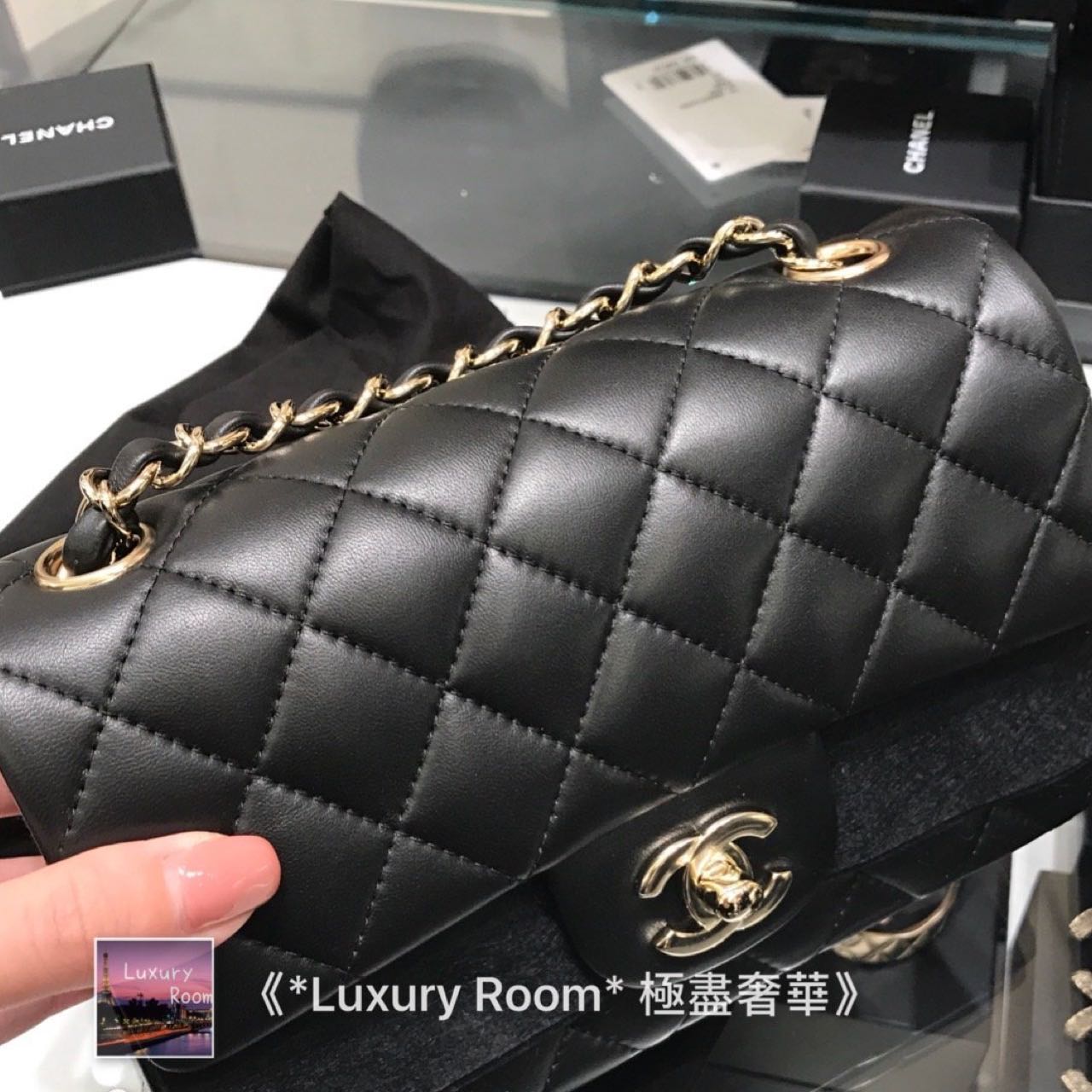 【Luxury Room極盡奢華】保證真品CHANEL香奈兒 黑色 防刮小羊皮菱格紋 經典黑金 金鏈MINI COCO 20cm CF超級美