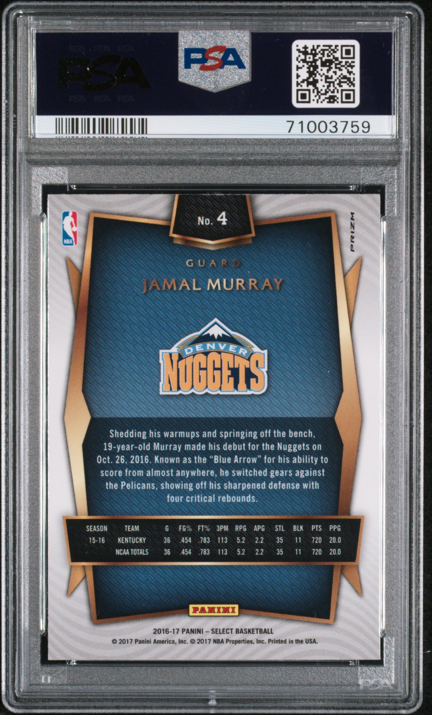 2016-17 Panini Select Jamal Murray Silver Prizm RC PSA10 | Yahoo