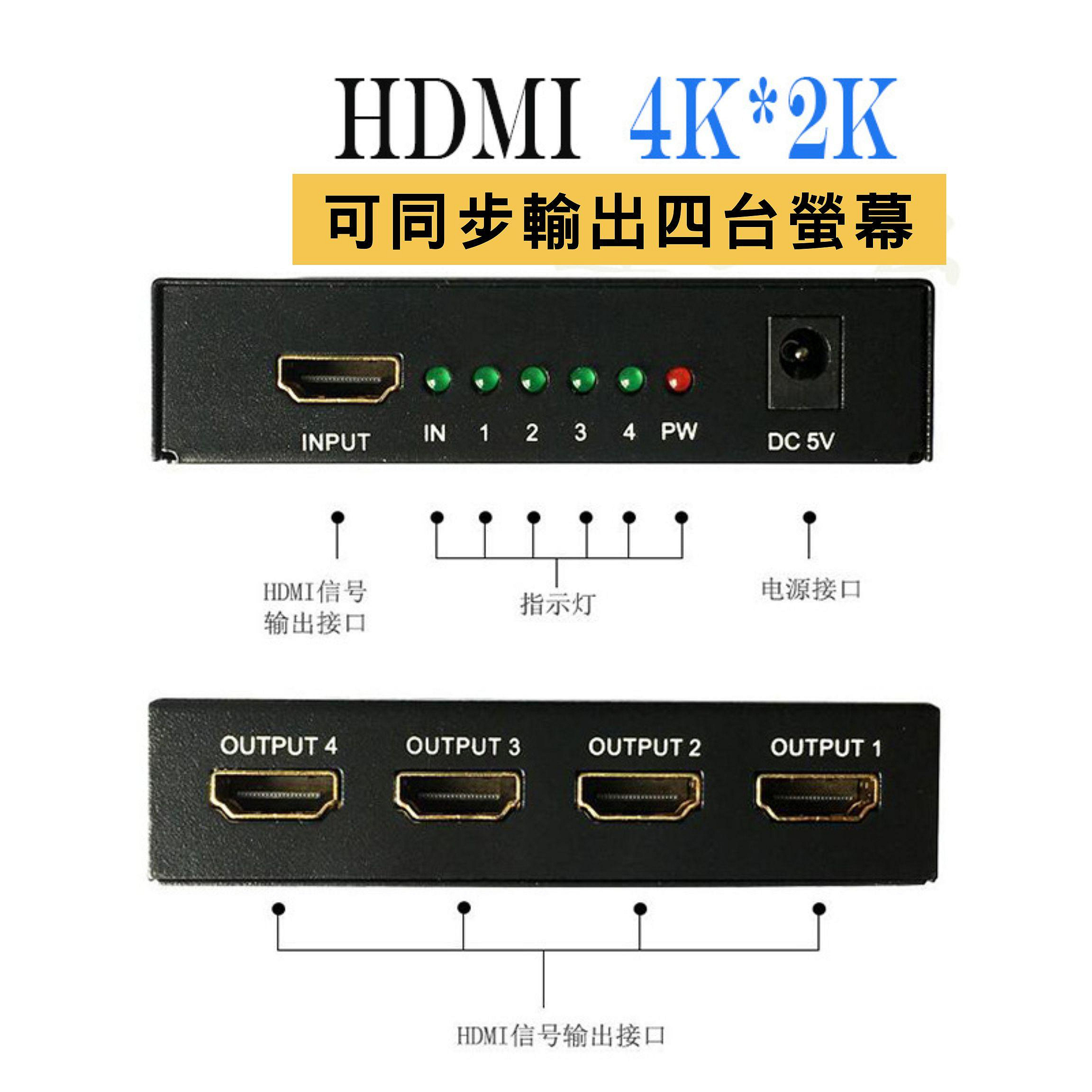 1進4出HDMI 分配器分屏器切換器一進四出HDMI 轉接器一分四HDMI分配器4K