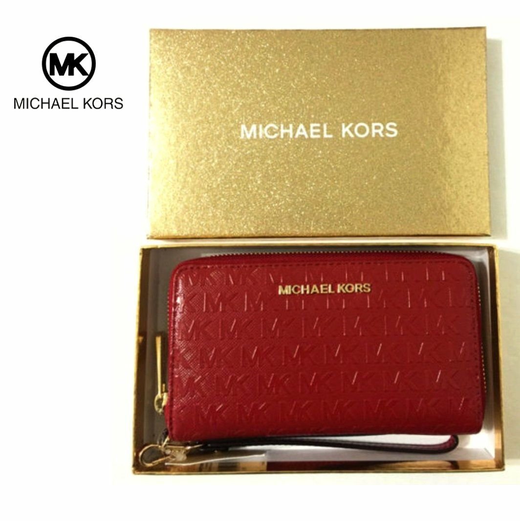 MICHAEL KORS （ 紅色×金屬金色 /  黑色×金屬淡金色） 真皮 立體MK壓紋 拉鍊長夾  錢包 皮夾 附禮盒｜100%全新正品｜特價!