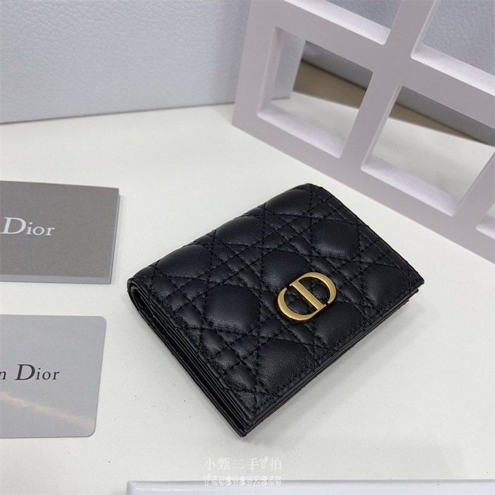 【二手99新】DIOR 迪奧 Caro系列 藤格紋小牛皮 黑色 雙折錢包 短夾 黑色 S5032 皮夾 中夾 短夾小錢包