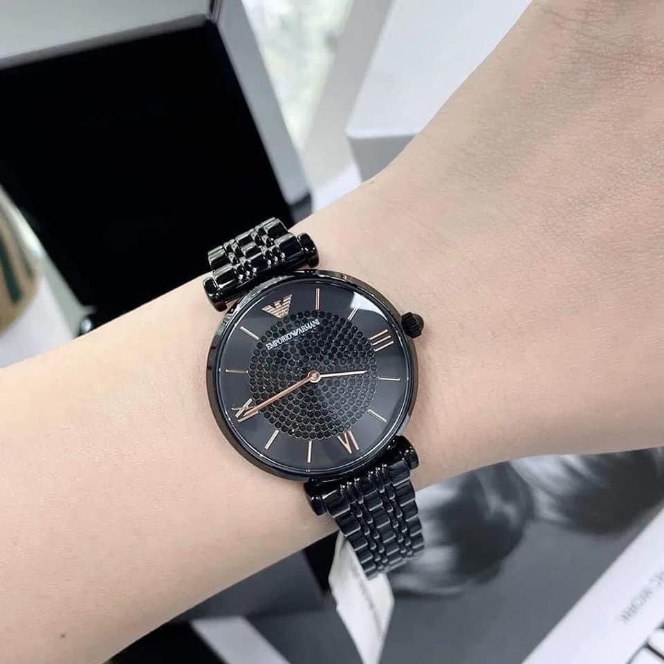 EMPORIO ARMANI 閃耀滿天星鑲鑽黑色不銹鋼錶帶石英女士手錶AR11245 亞