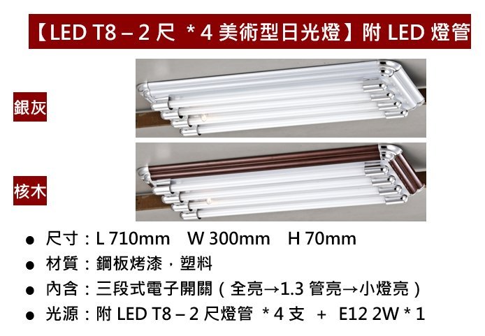 綠照明【LED T8美術型日光燈】2尺 4管 附分段開關 附小夜燈 銀灰 核桃木 LED T8燈管 T8燈座 四管