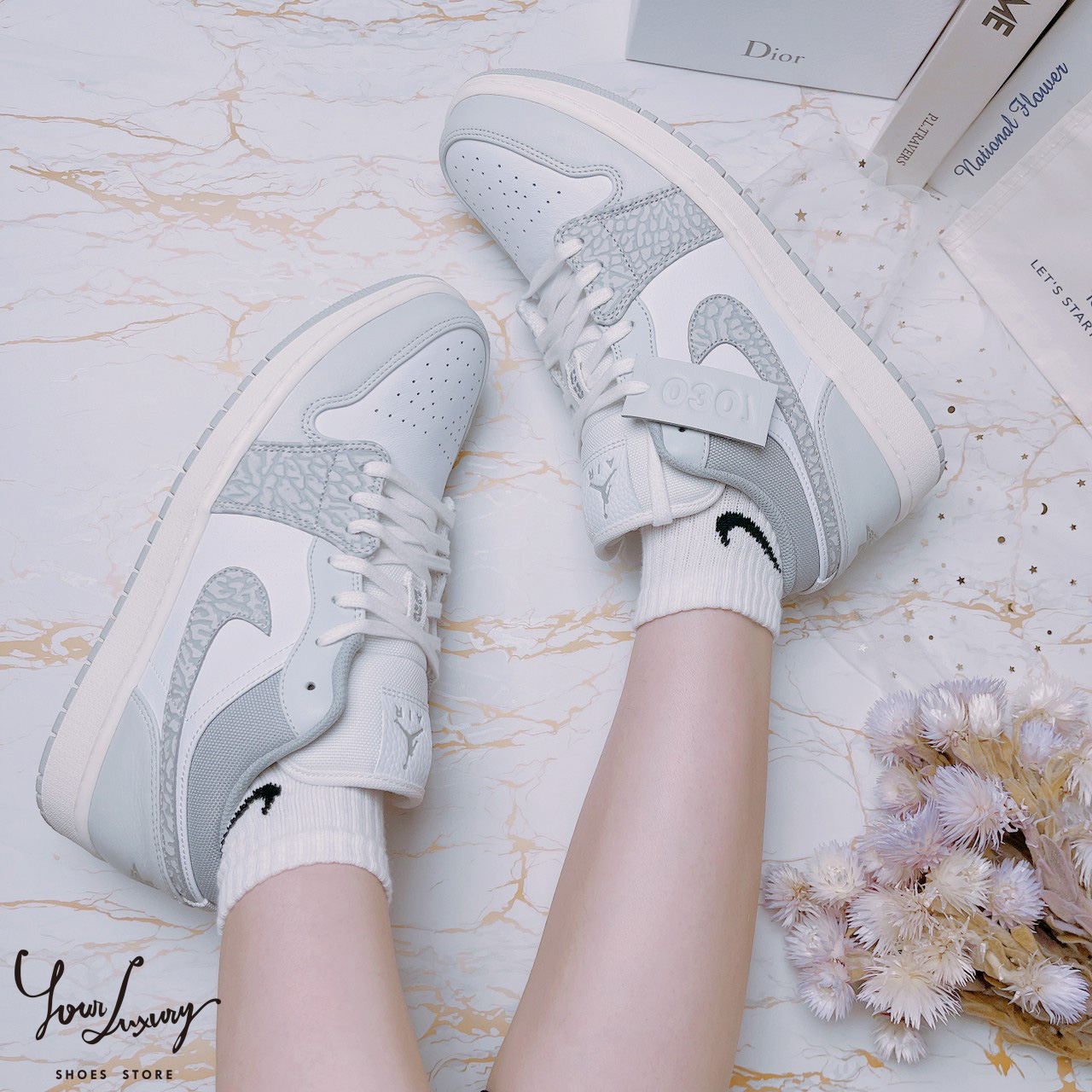 Luxury】 Nike Air Jordan 1 Low Elephant Print 柏林限定白灰爆裂紋