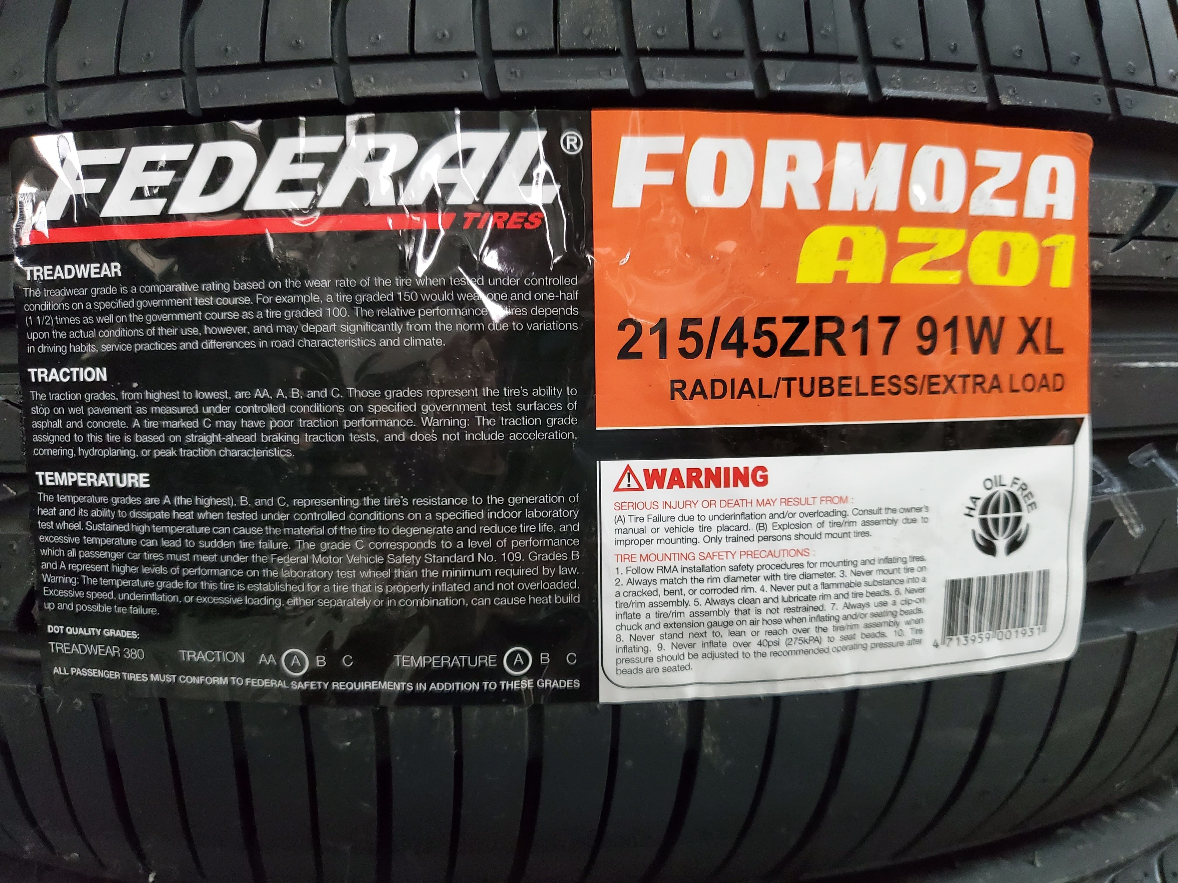 [平鎮協和輪胎]飛達FEDERAL AZ01 215/45R17 215/45/17 91W台灣製裝到好