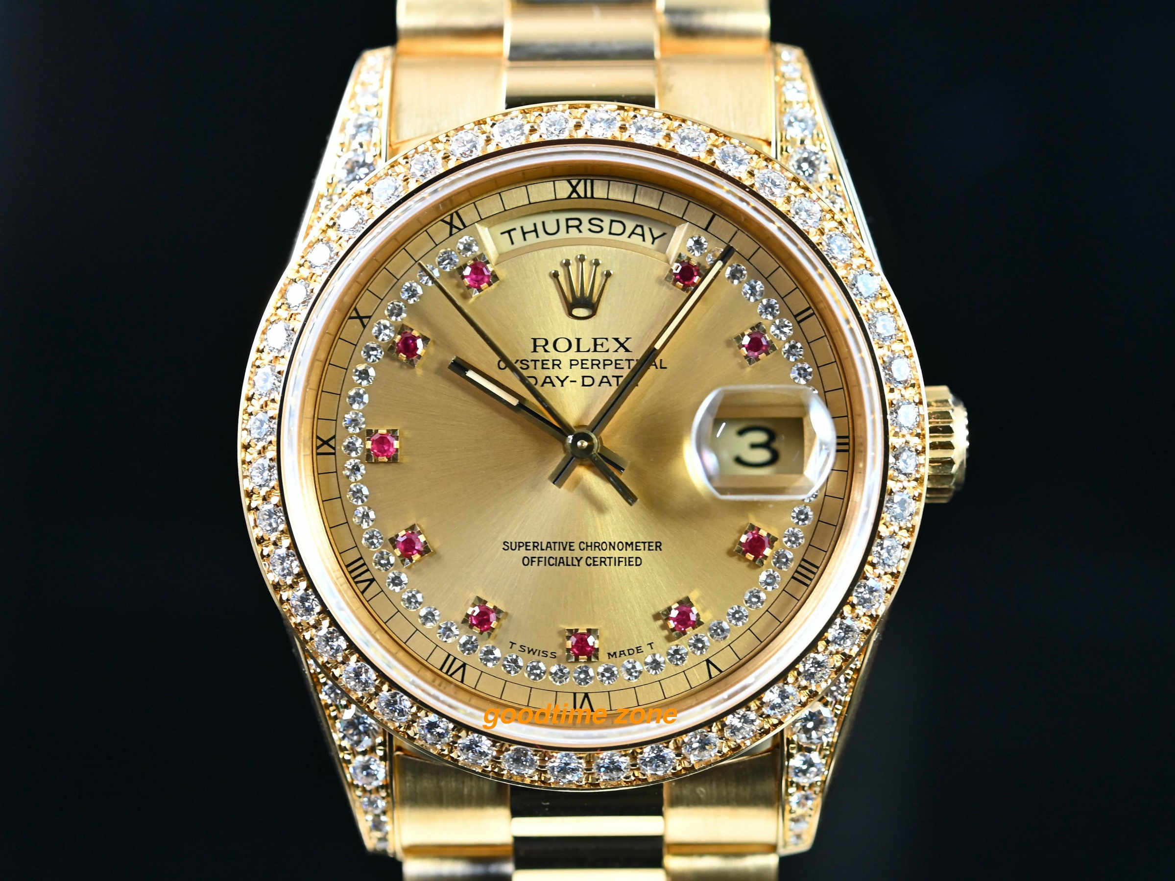 [好時計]ROLEX 勞力士 18388 DAY-DATE 原裝10紅寶鑽面 原鑲鑽腳 原鑲鑽圈 18黃K金 36mm LRK249  118388 18238